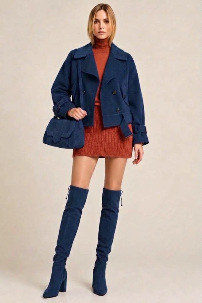Women's navy blue custom-made thigh-high boots with round toe and high block heel- Top view